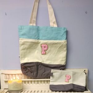 Color Block Tote and Pouch Set with Pink Initial. Multiple colors. New